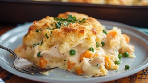 Creamy and cheesy cheddar bay biscuit served in a white plate.