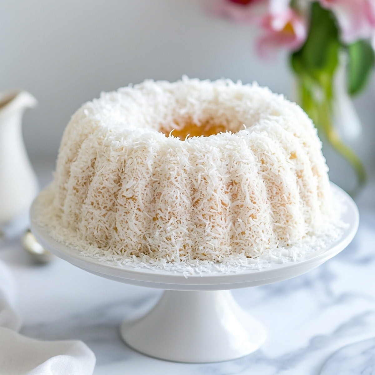 A whole bundt cake of copycat Tom Cruise coconut cake in a kitchen stand.