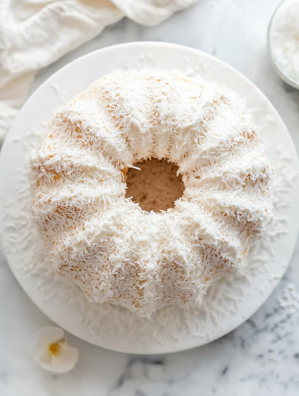 An overhead view of a bundt cake with shredded coconut.