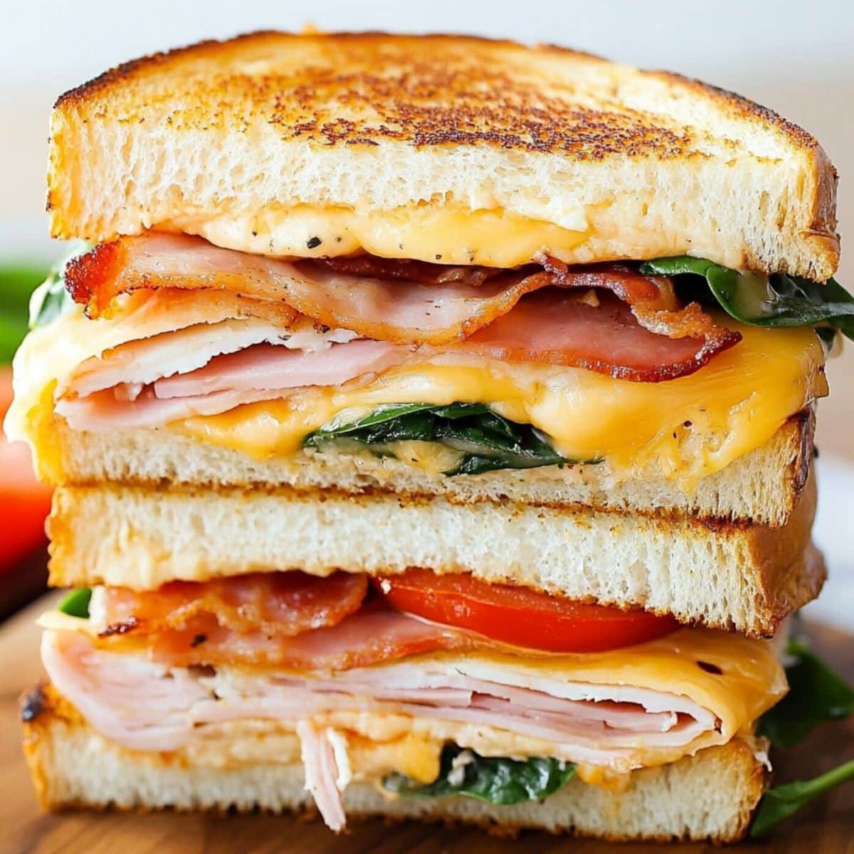 Turkey melt sliced in half and stack on a cutting board to show the melted cheese, thinly sliced turkey, crsipy bacon, baby spinach and tomato slices.