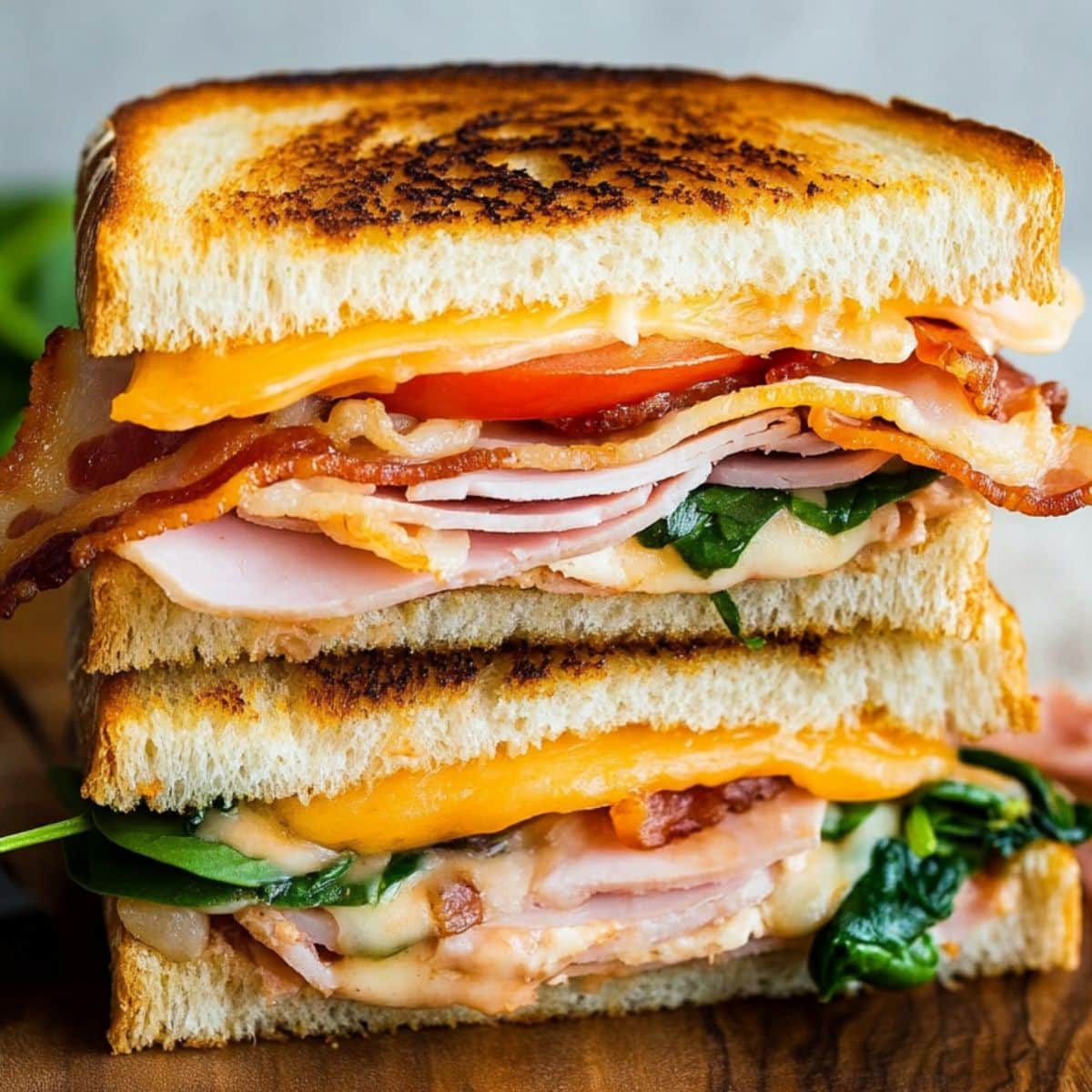 Turkey melt made with sourdough bread, thinly sliced turkey, tomatoes, cheese and spinach.