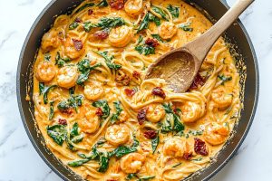 Tuscan shrimp pasta with spinach and sun-dried tomatoes, featuring a wooden spoon in a skillet.