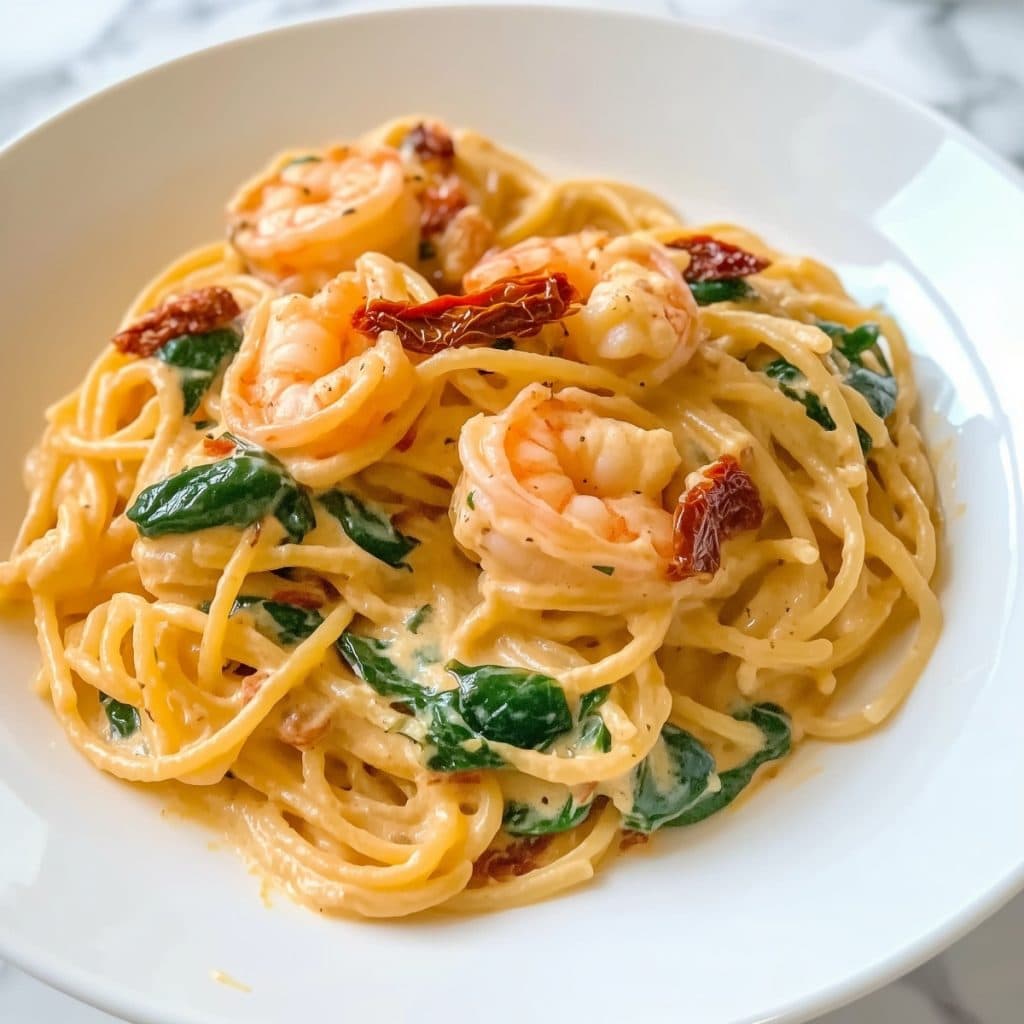 Tuscan shrimp pasta with sun-dried tomatoes and spinach served in a white plate.