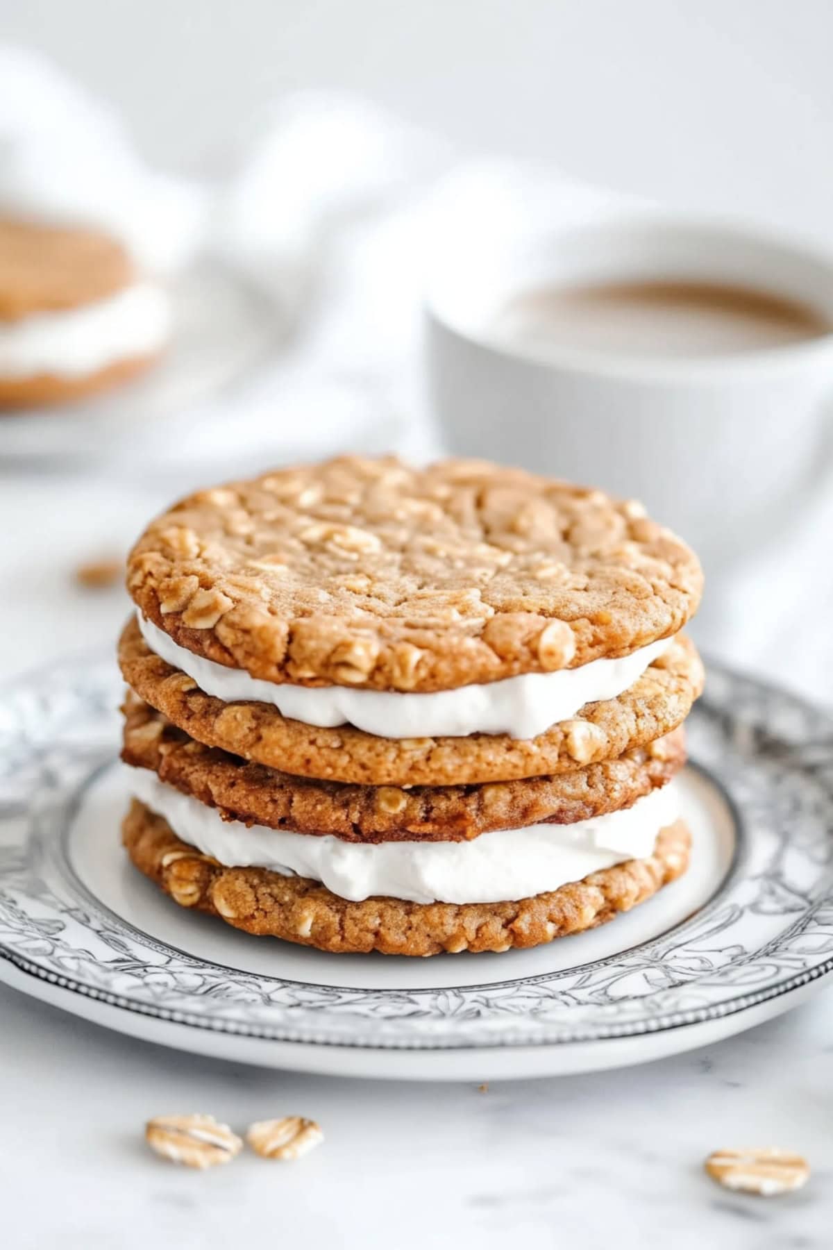 Two Oatmeal Cream Pies on a Plate with Coffee on the Side