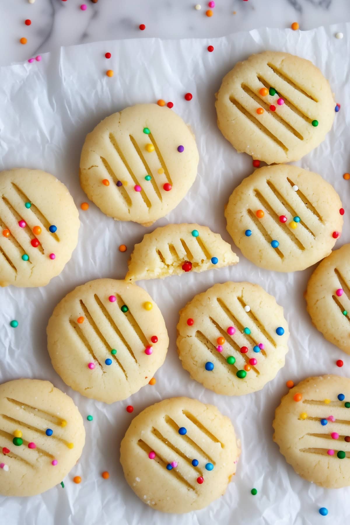 Whipped shortbread cookies with fork imprints, topped with colorful decorative candies.