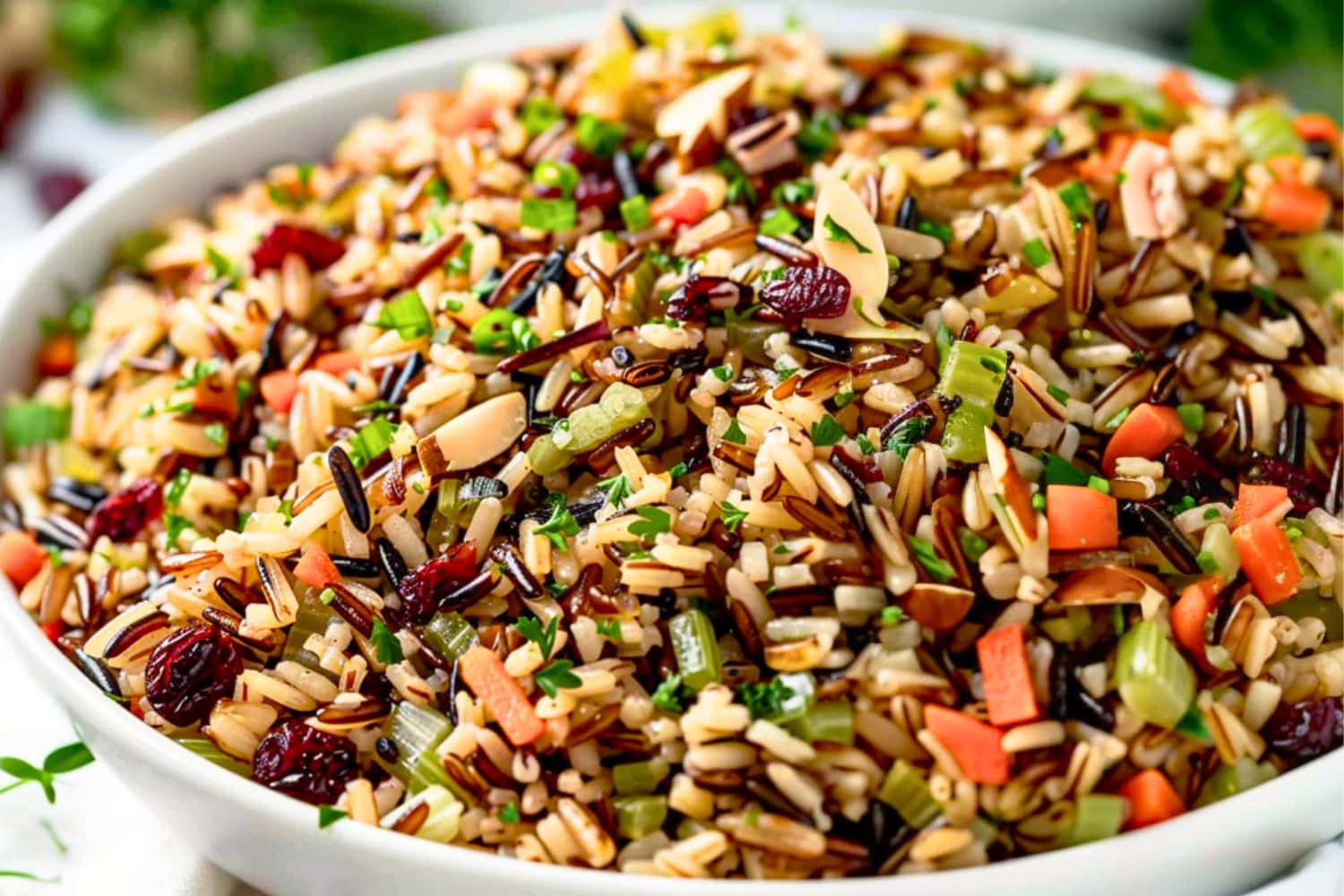 Wild rice pilaf serving in a white bowl.