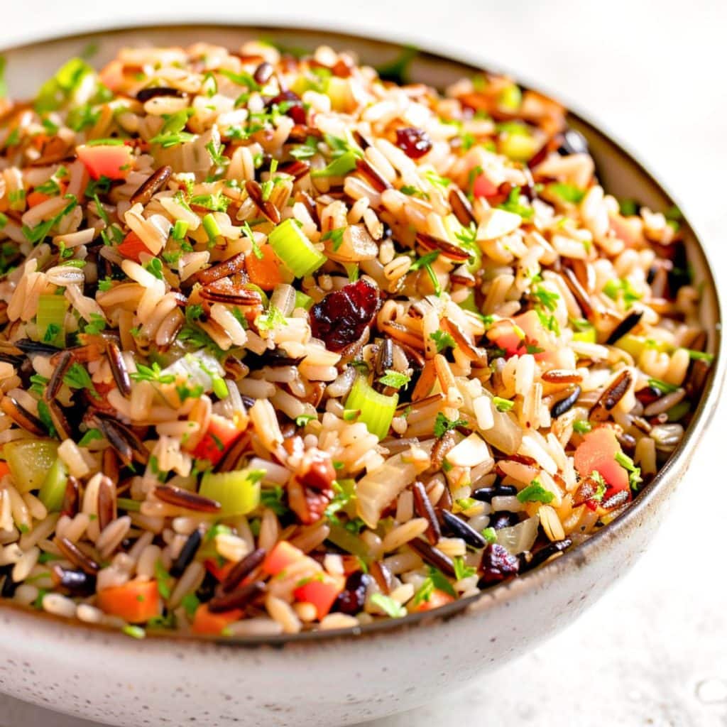 Wild rice pilaf with nuts and chopped veggies served in a white bowl.