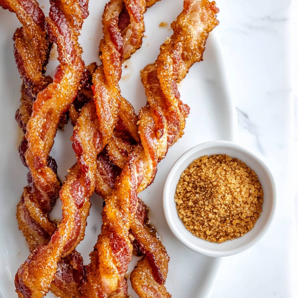 Crispy homemade twisted bacon with brown sugar on the side