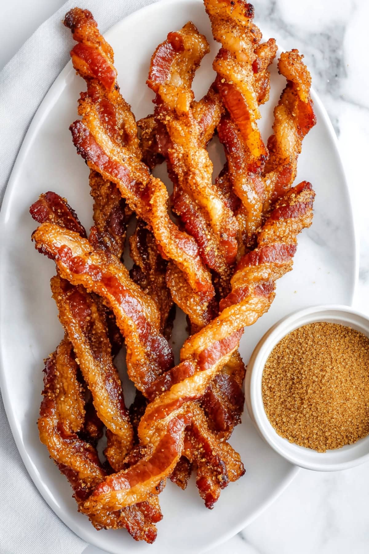 Crispy homemade bacon twists with a bowl of brown sugar on the side, top view