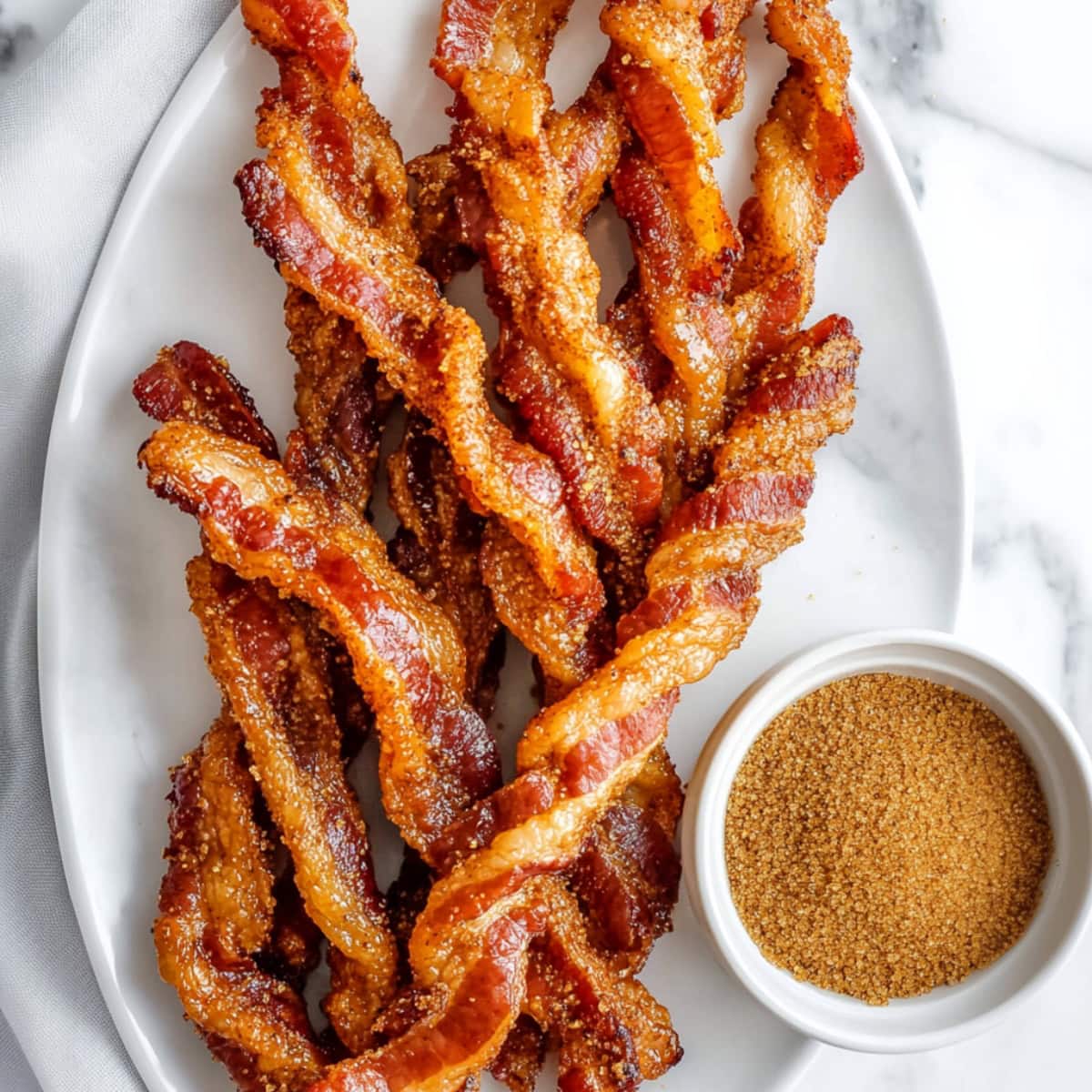 Crispy bacon twists with a golden, flaky texture, twisted into perfect spirals and lightly browned on the edges.