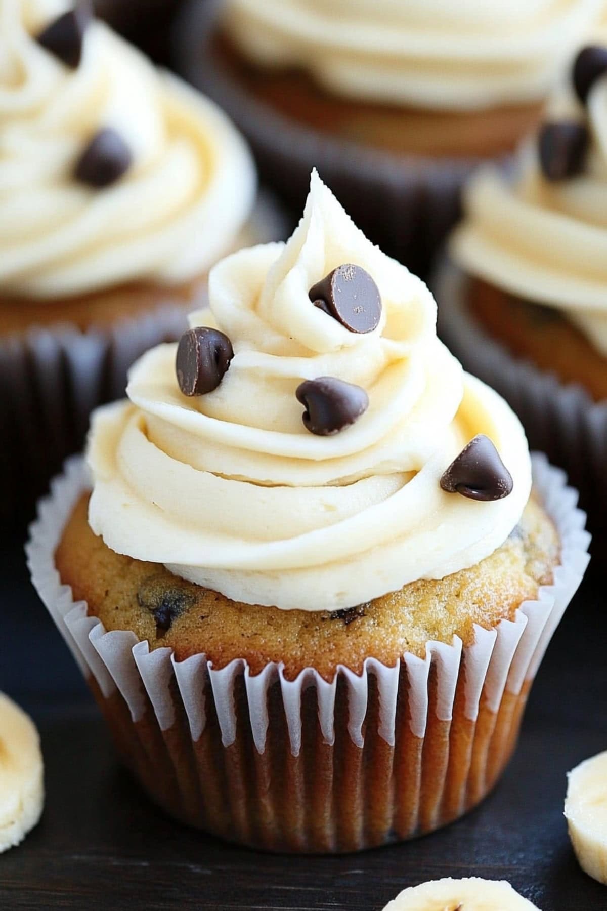 Homemade banana chocolate chip cupcakes with cream cheese frosting