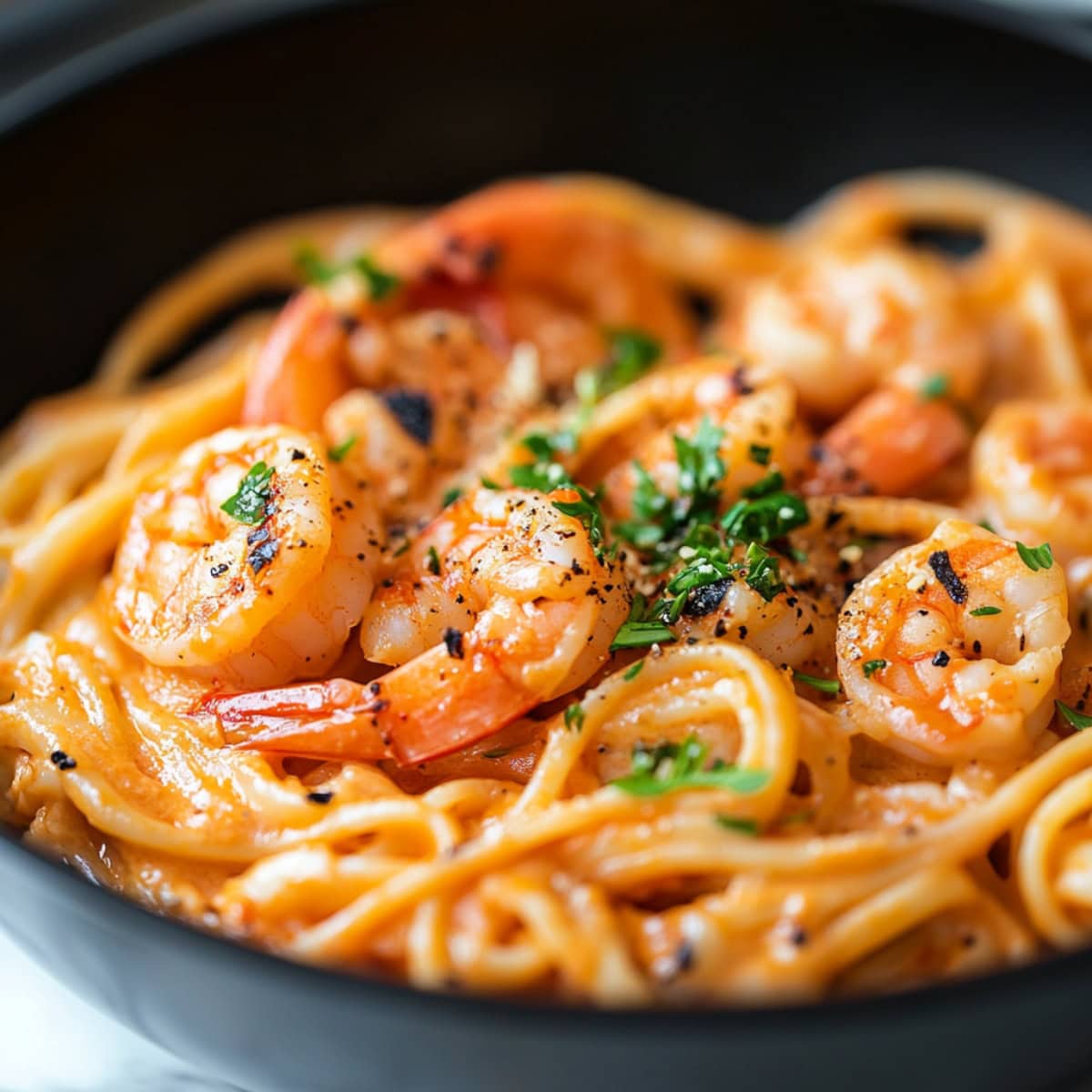 Bang bang shrimp pasta cooked in a creamy tomato sauce.