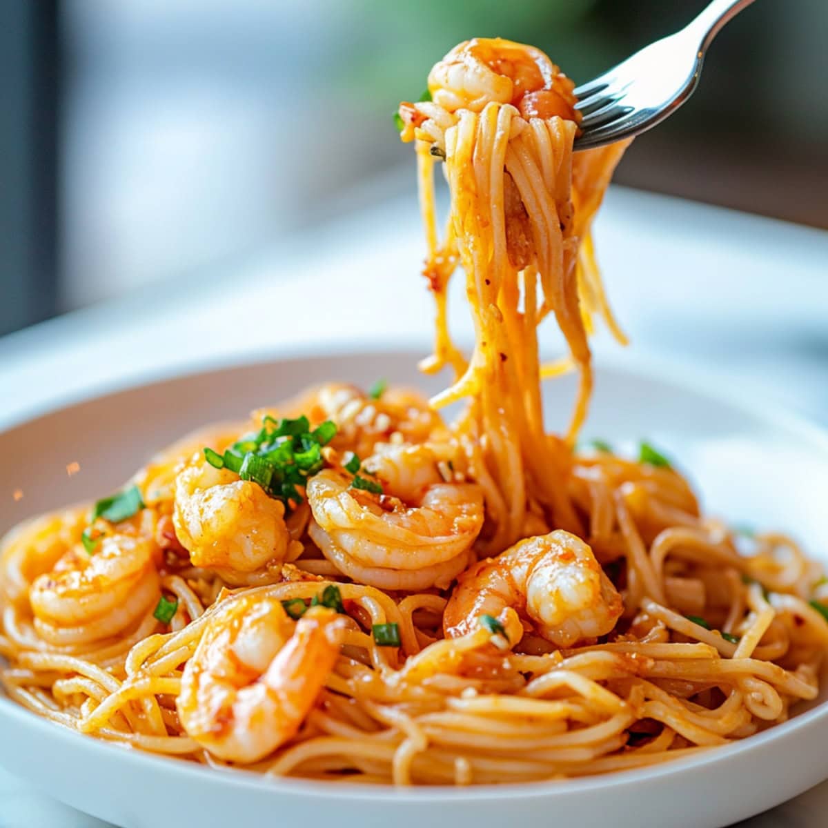 Fork lifting a serving pasta of bang bang shrimp past from a white plate. 