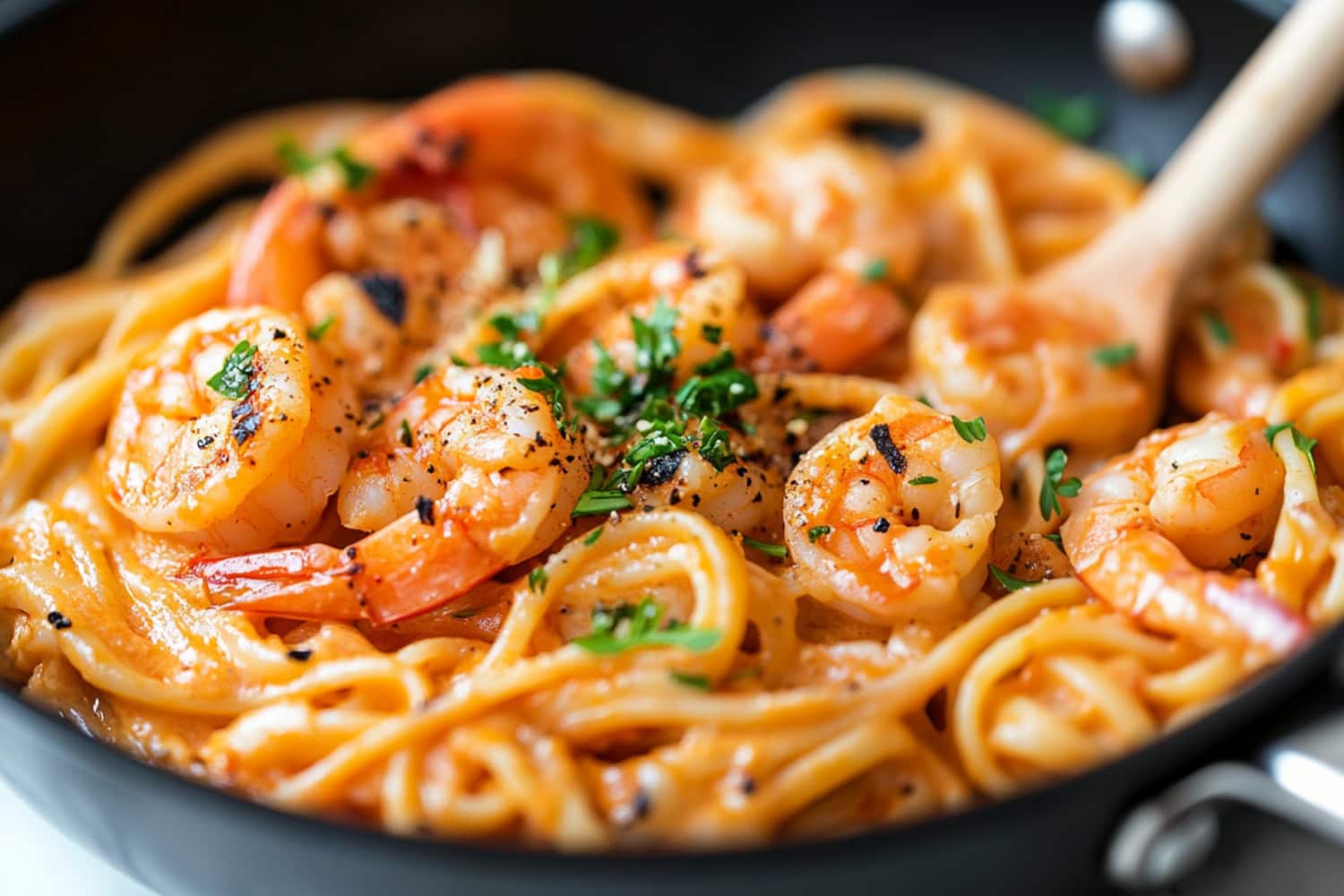 Closeup of bang bang shrimp pasta cooked in a wok pan.