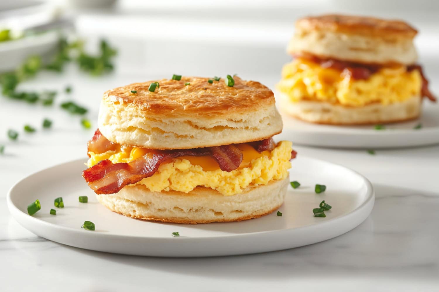 Two biscuit breakfast sandwiches in a white plate.