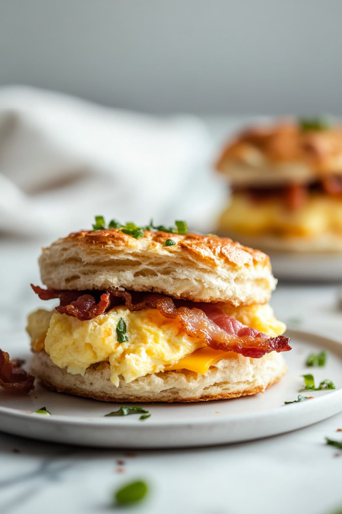 Biscuits breakfast with egg and bacon filling served in a white plate. 