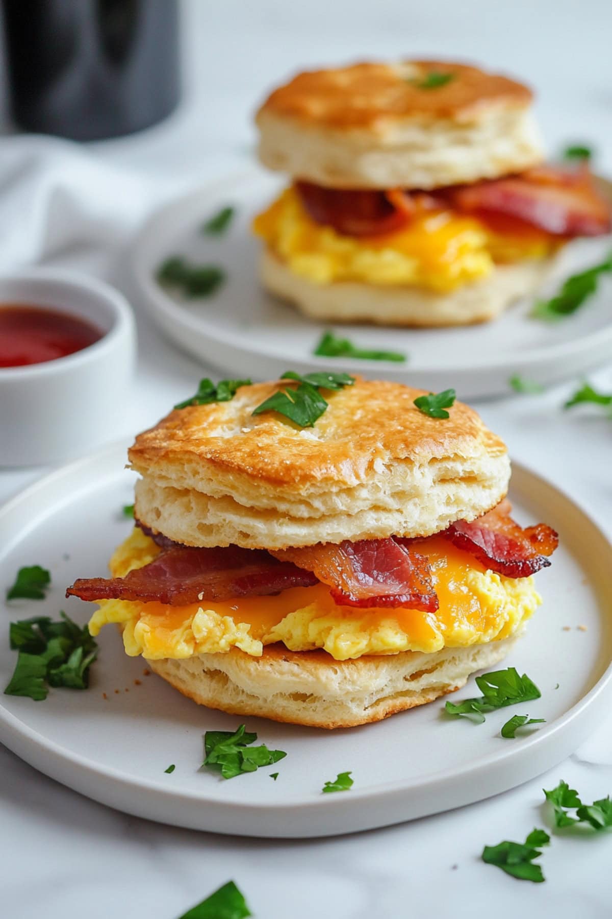 Biscuits with bacon and scrambled eggs served in a white plate.