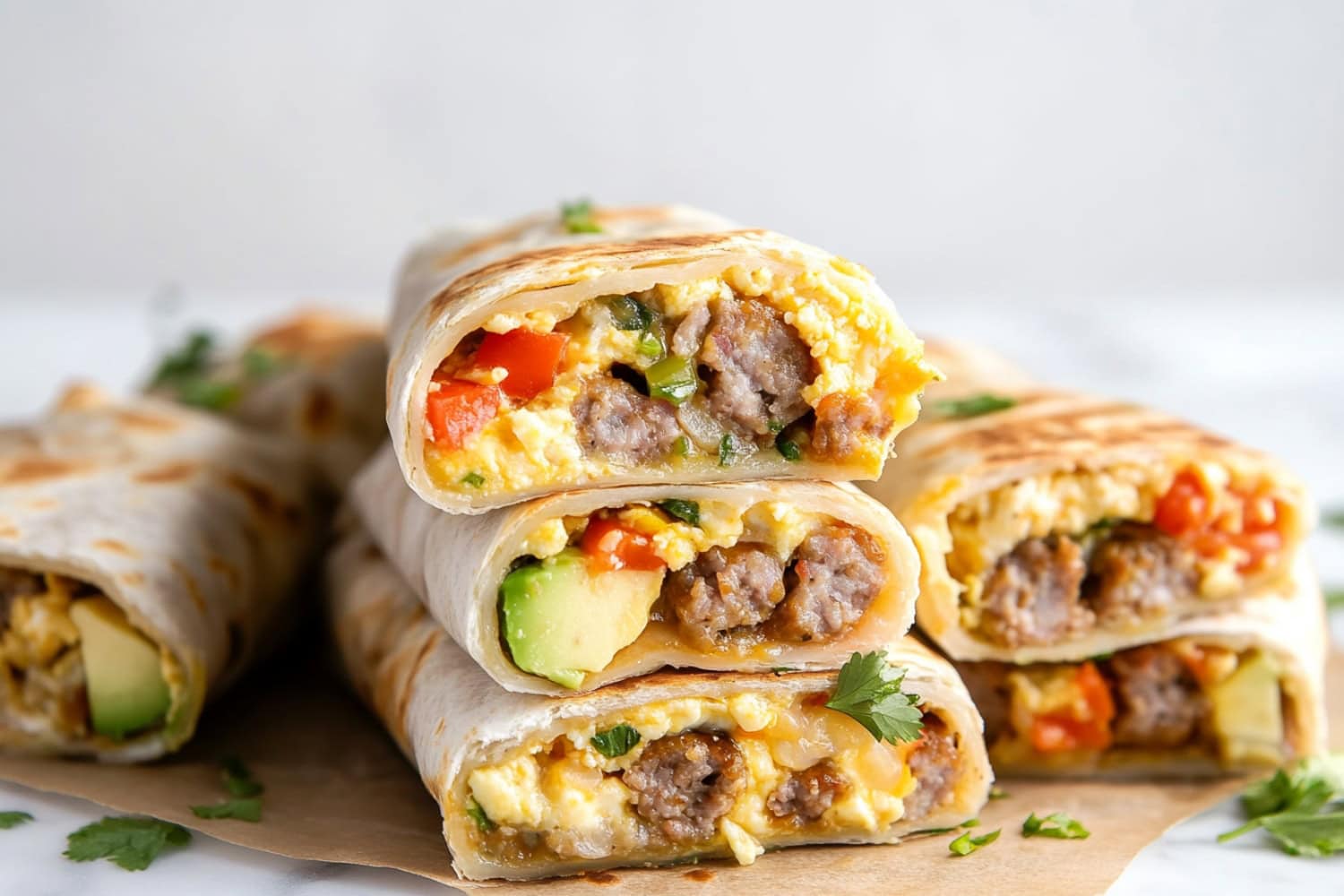 Delicious breakfast burritos with eggs, sausage, and avocados wrapped in flour tortillas