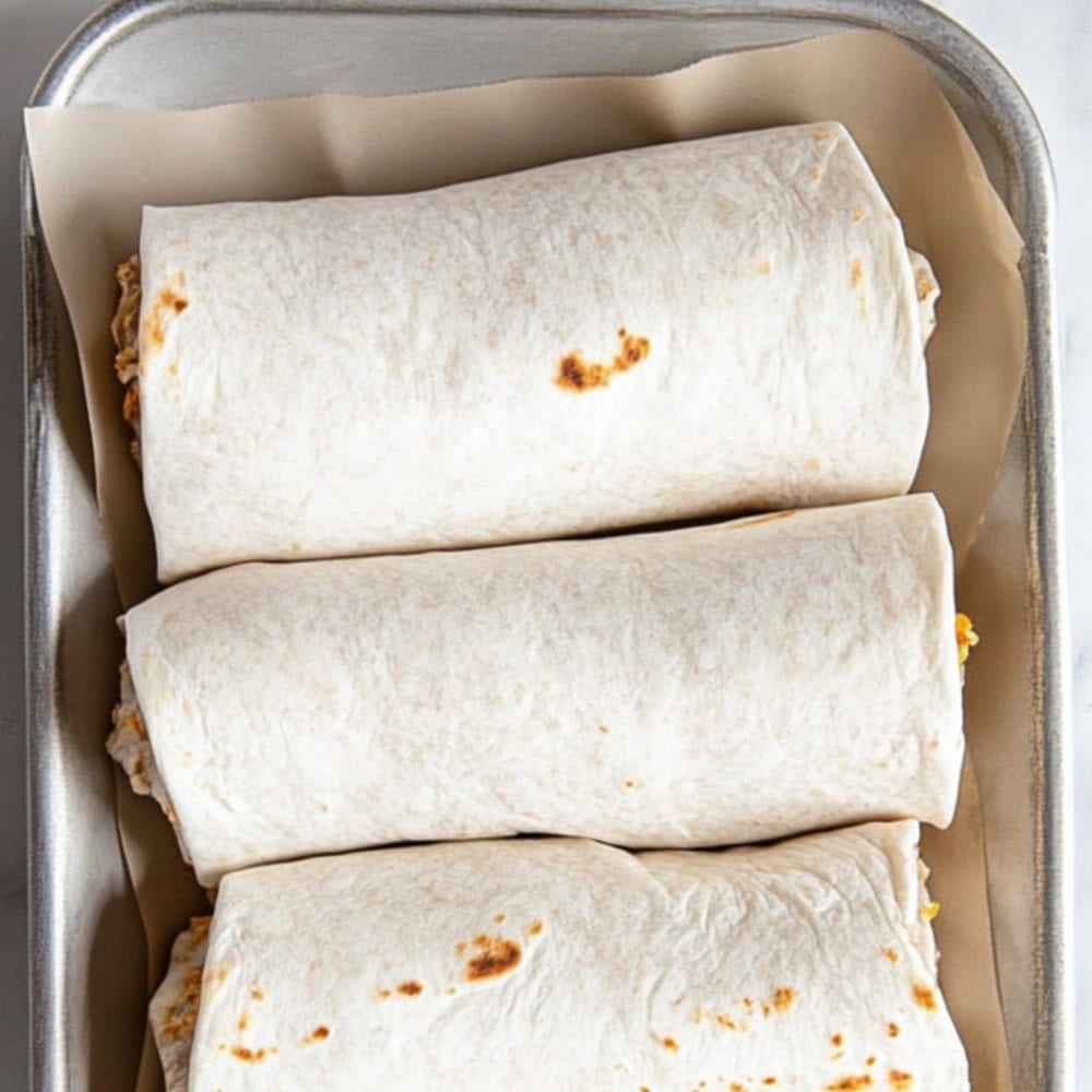 A baking pan of breakfast burritos in a baking pan on a white marble table.