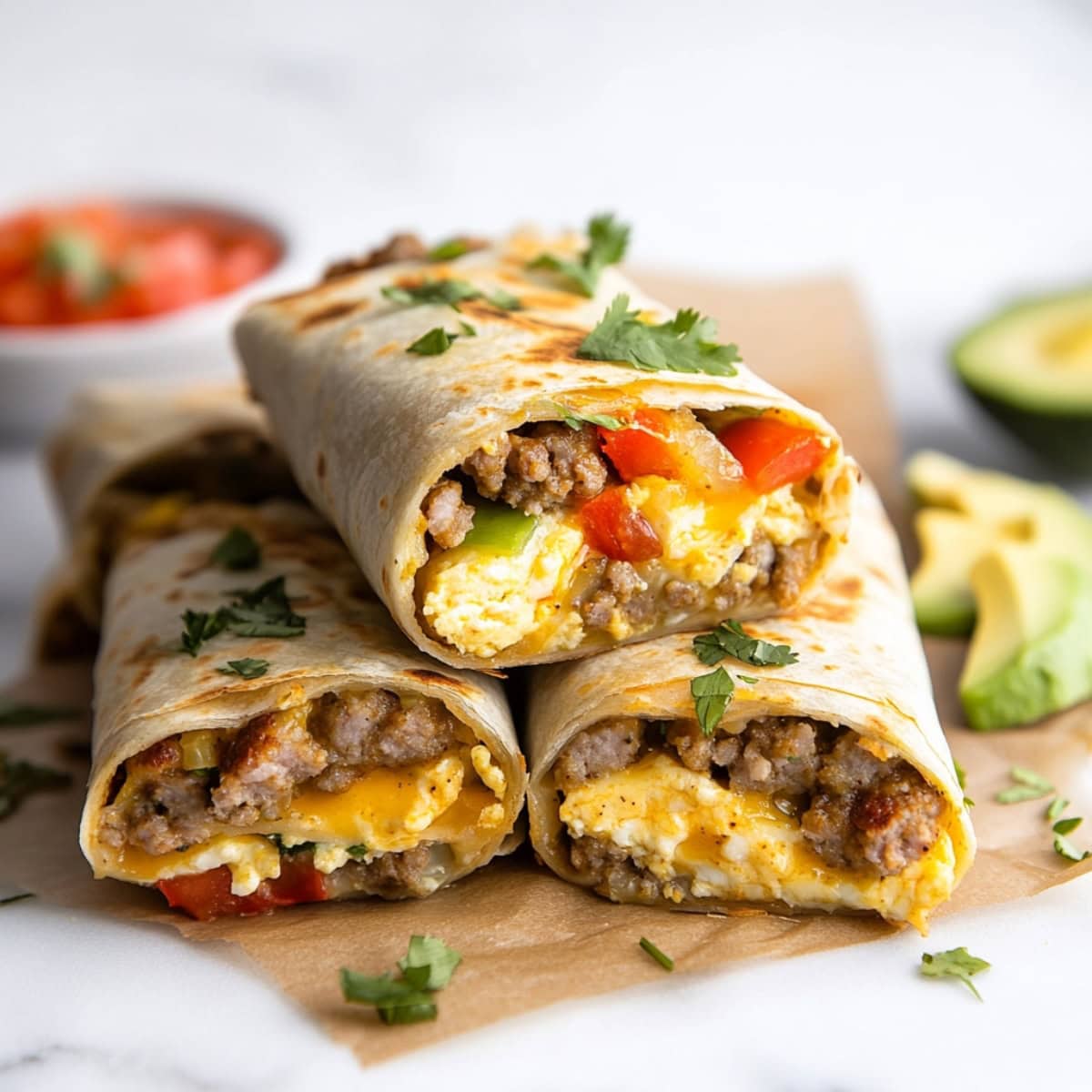 Close-up of breakfast burritos with ground sausage, scrambled eggs, bell peppers and tomatoes.