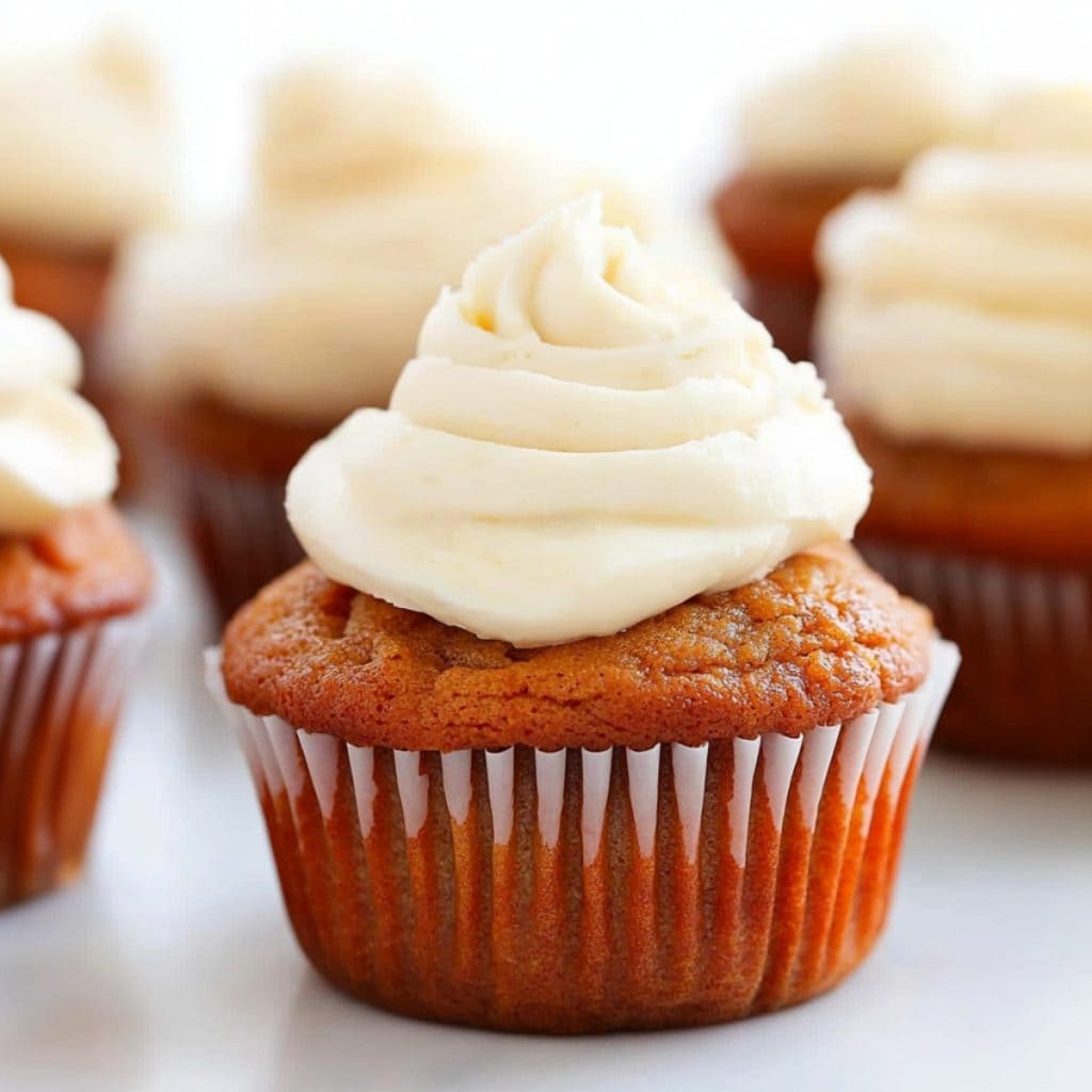 Carrot cupcakes topped with creamy frosting sitting on top of white marble table.