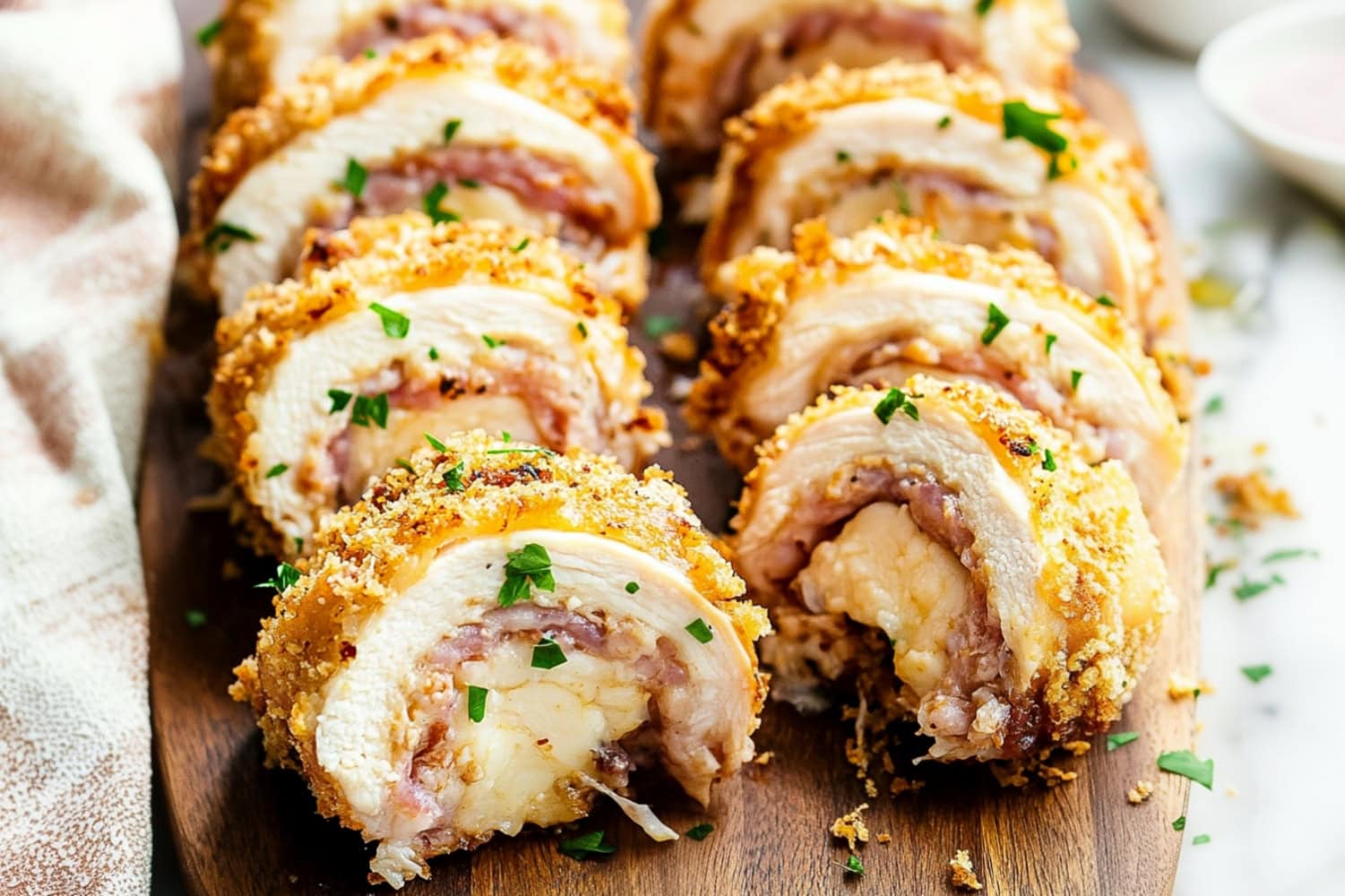 Chicken cordon bleu with ham and cheese, and a crispy breading served in a wooden cutting board.