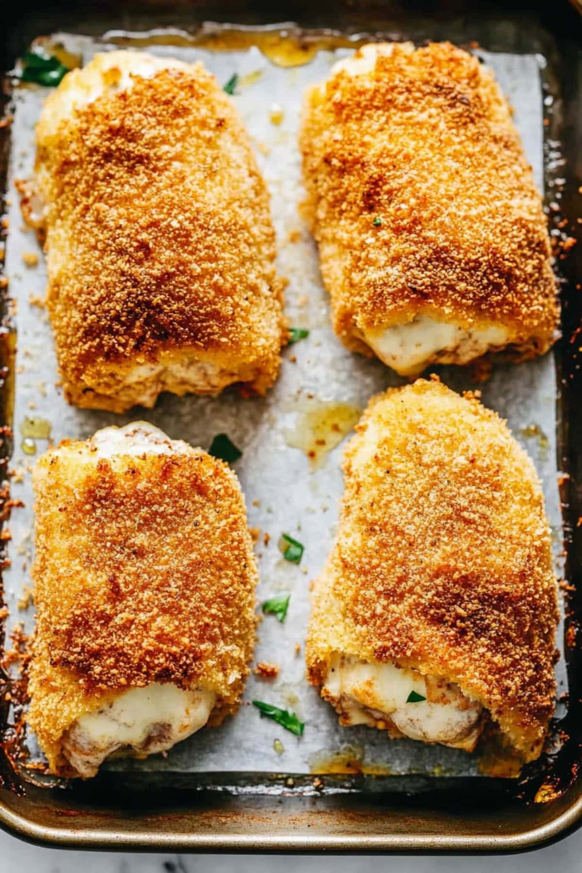 A baking pan of savory chicken cordon bleu filled with cheese and ham.