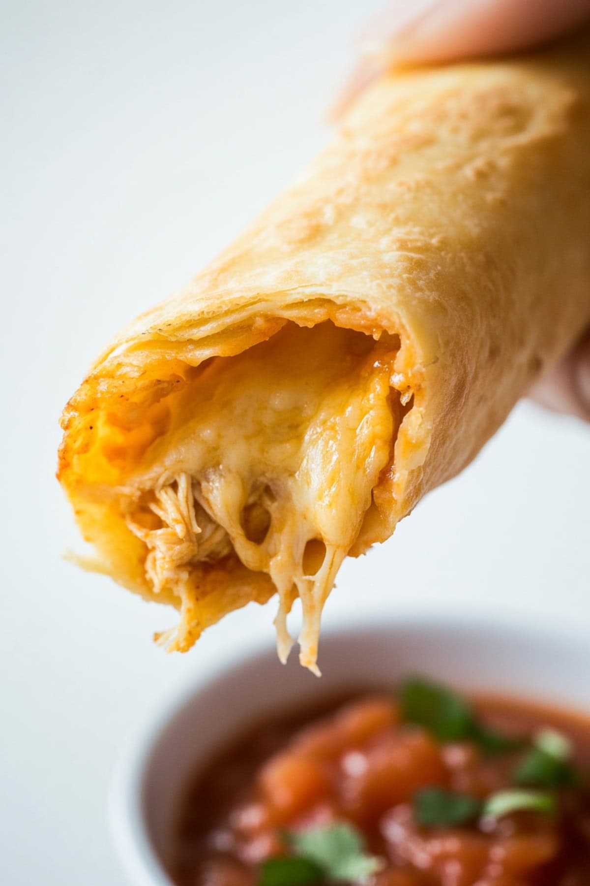 Chicken taquitos cut in half to reveal its filling, served with a bowl of salsa.