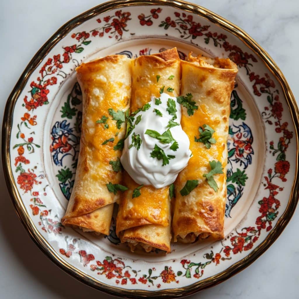 A plate of crispy chicken taquitos, golden brown and perfectly rolled, topped with sour cream.