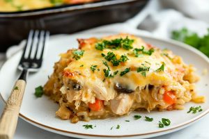 Chicken wild rice casserole served in a plate, with carrots and mushrooms.