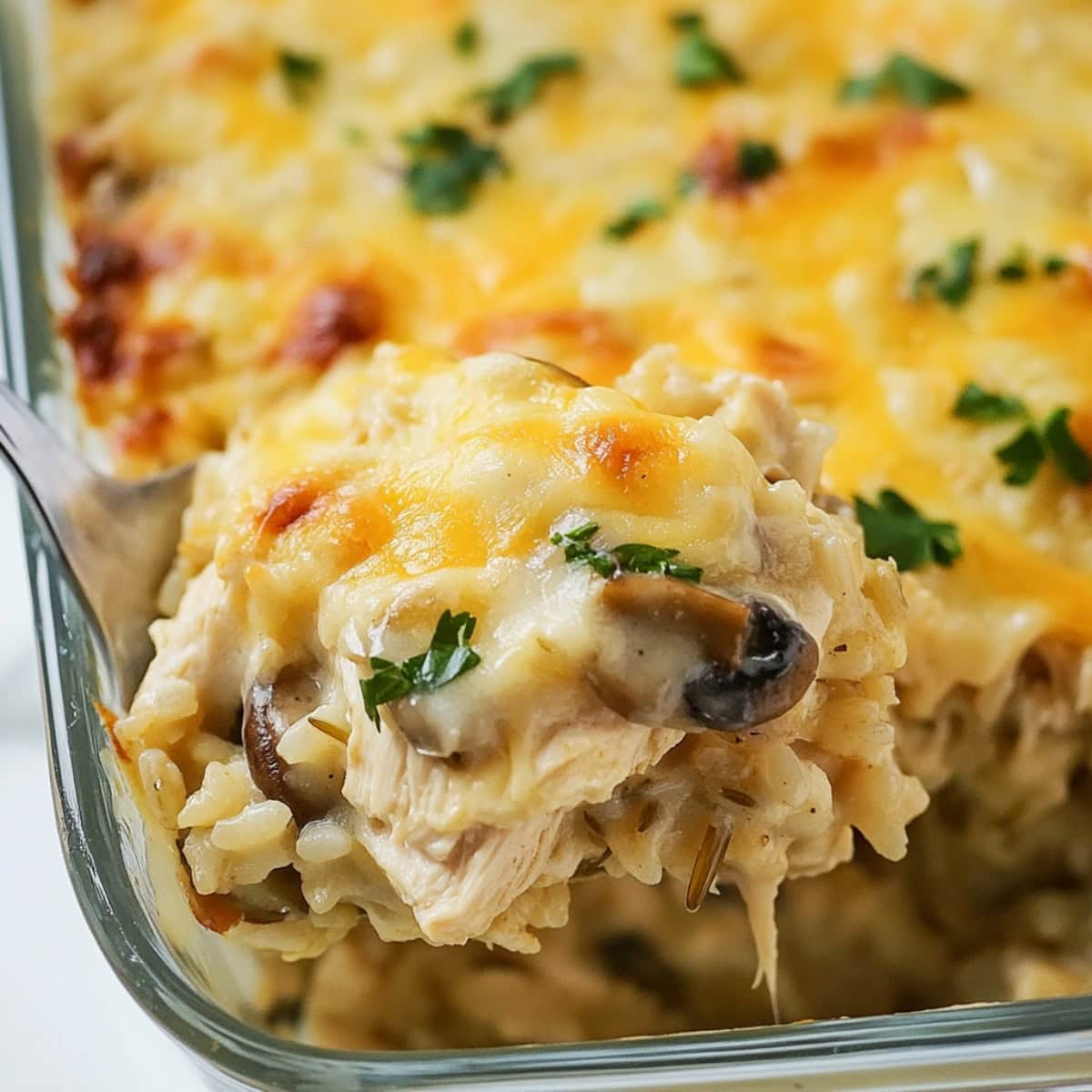 A glass dish of chicken wild rice casserole. with mushrooms.