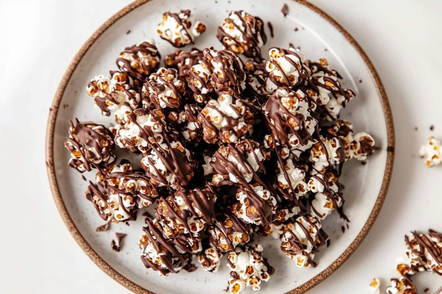 A mix of popcorn kernels coated in dark and milk chocolate, served in a small bowl for snacking.