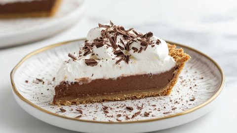 Slice of chocolate pudding pie with whipped cream on top garnished with chocolate shavings served on a plate.