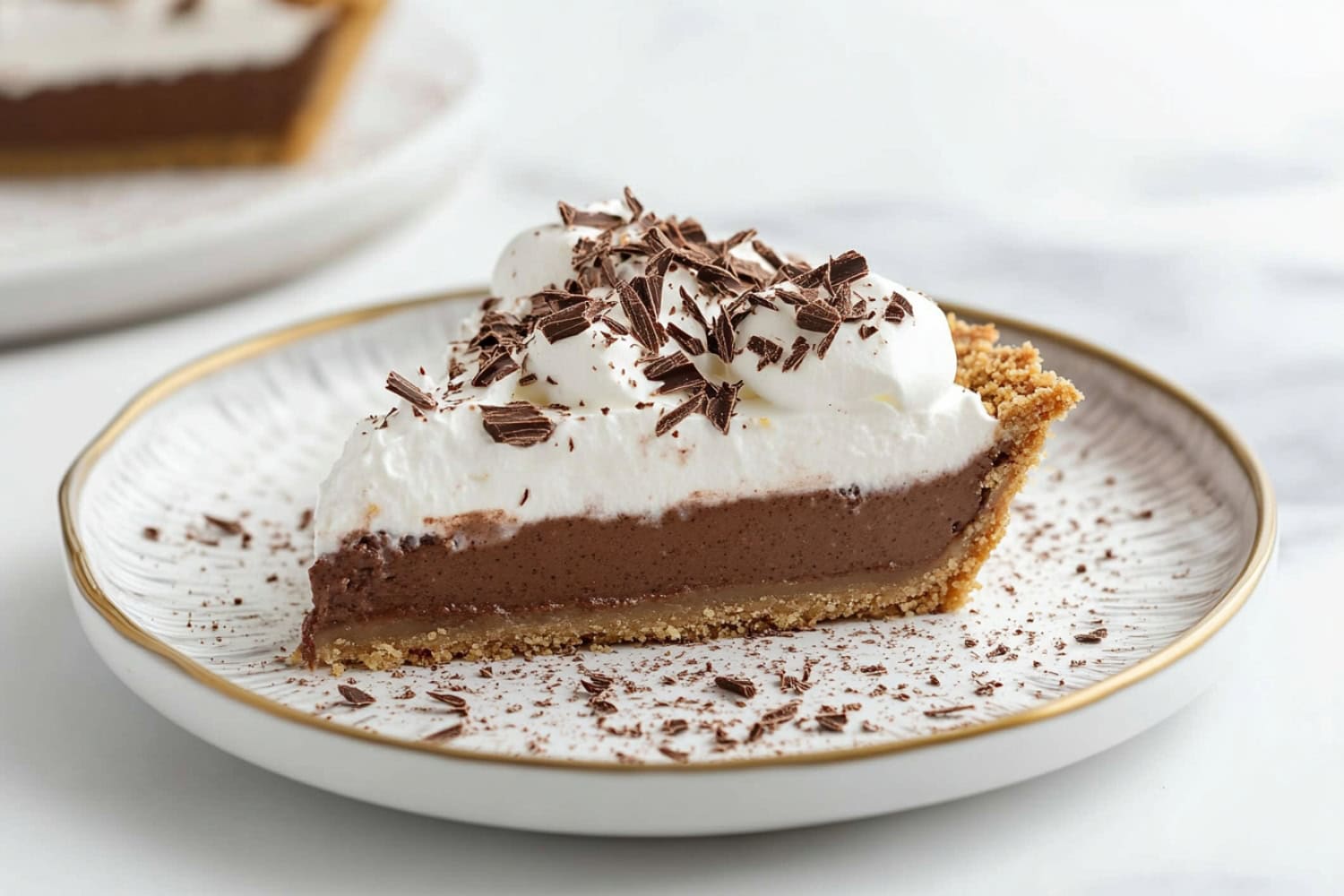 Slice of chocolate pudding pie with whipped cream on top garnished with chocolate shavings served on a plate.