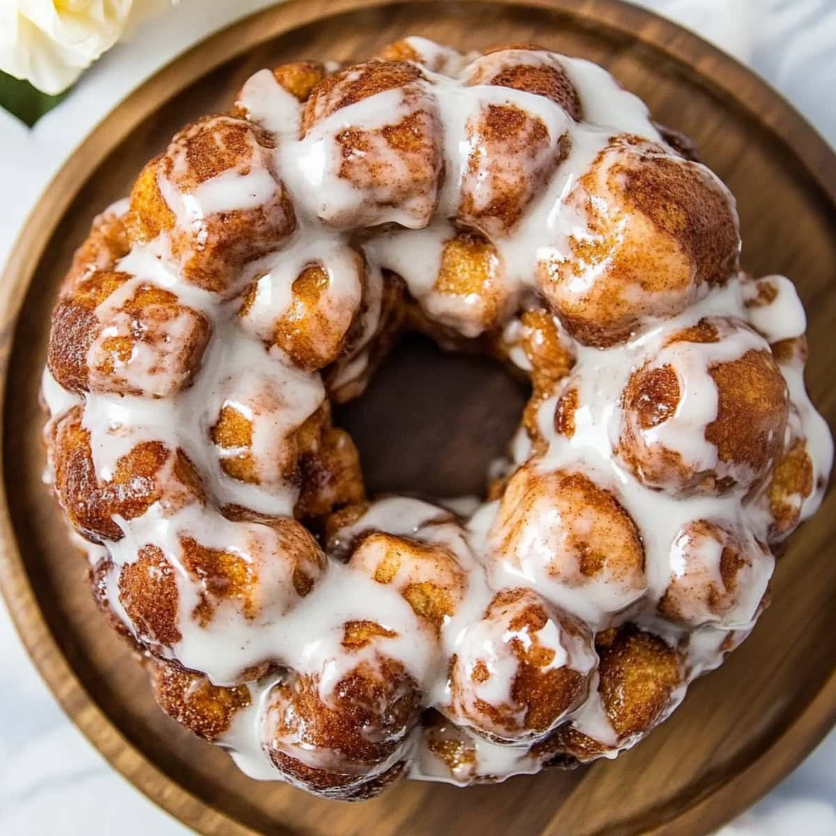 Sticky cinnamon roll monkey bread fresh out of the oven.