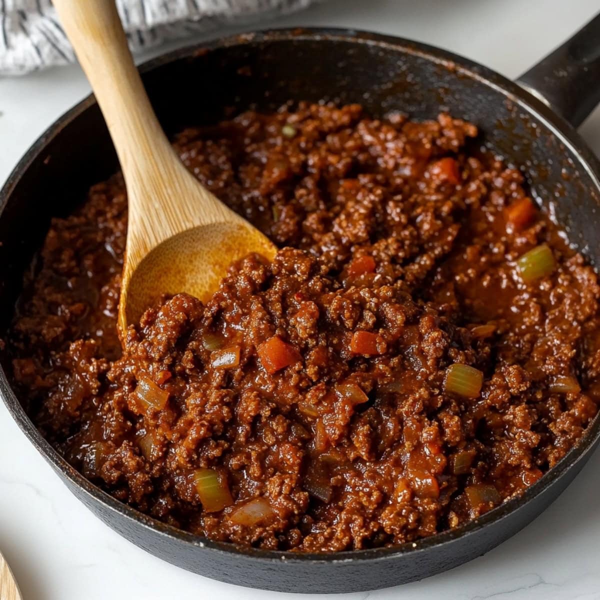 A skillet of cooked ground beef with tomatoes and onions on a white marble table.