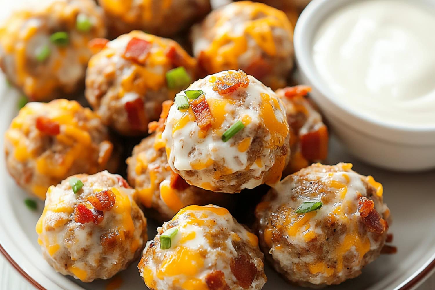 Bunch of crack sausage in a white plate served with ranch dressing.