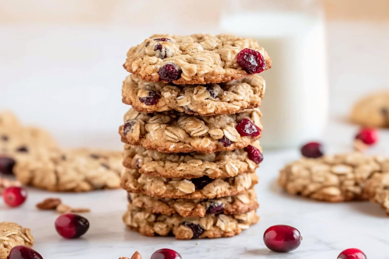 Homemade cranberry oatmeal cookies, served with milk.