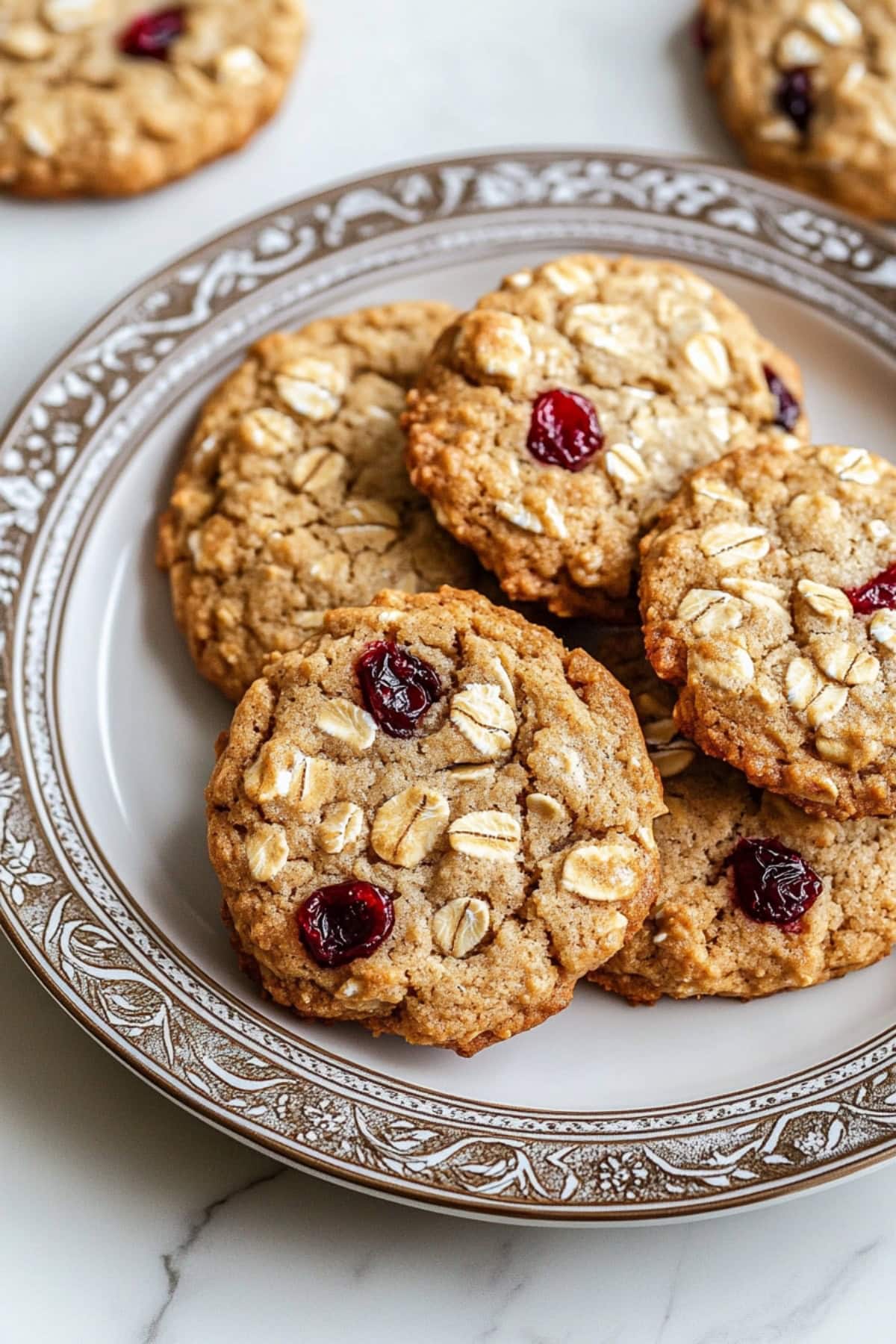 A plate of chewy and buttery homemade cranberry oatmeal cookies.