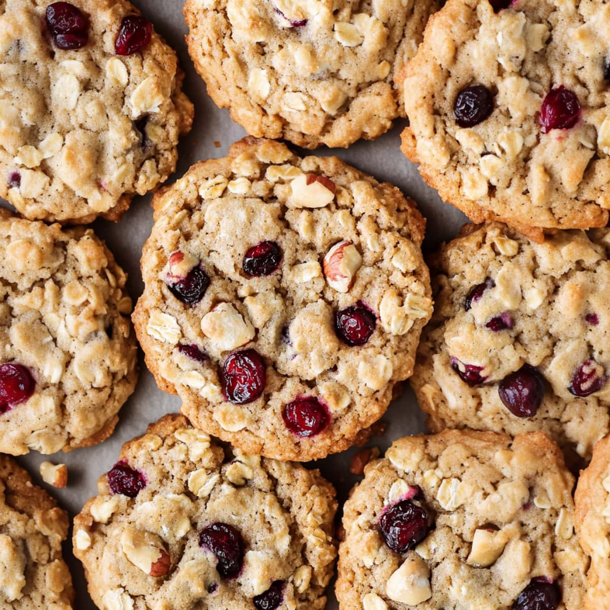 Cranberry oatmeal cookies on parchment paper, top view