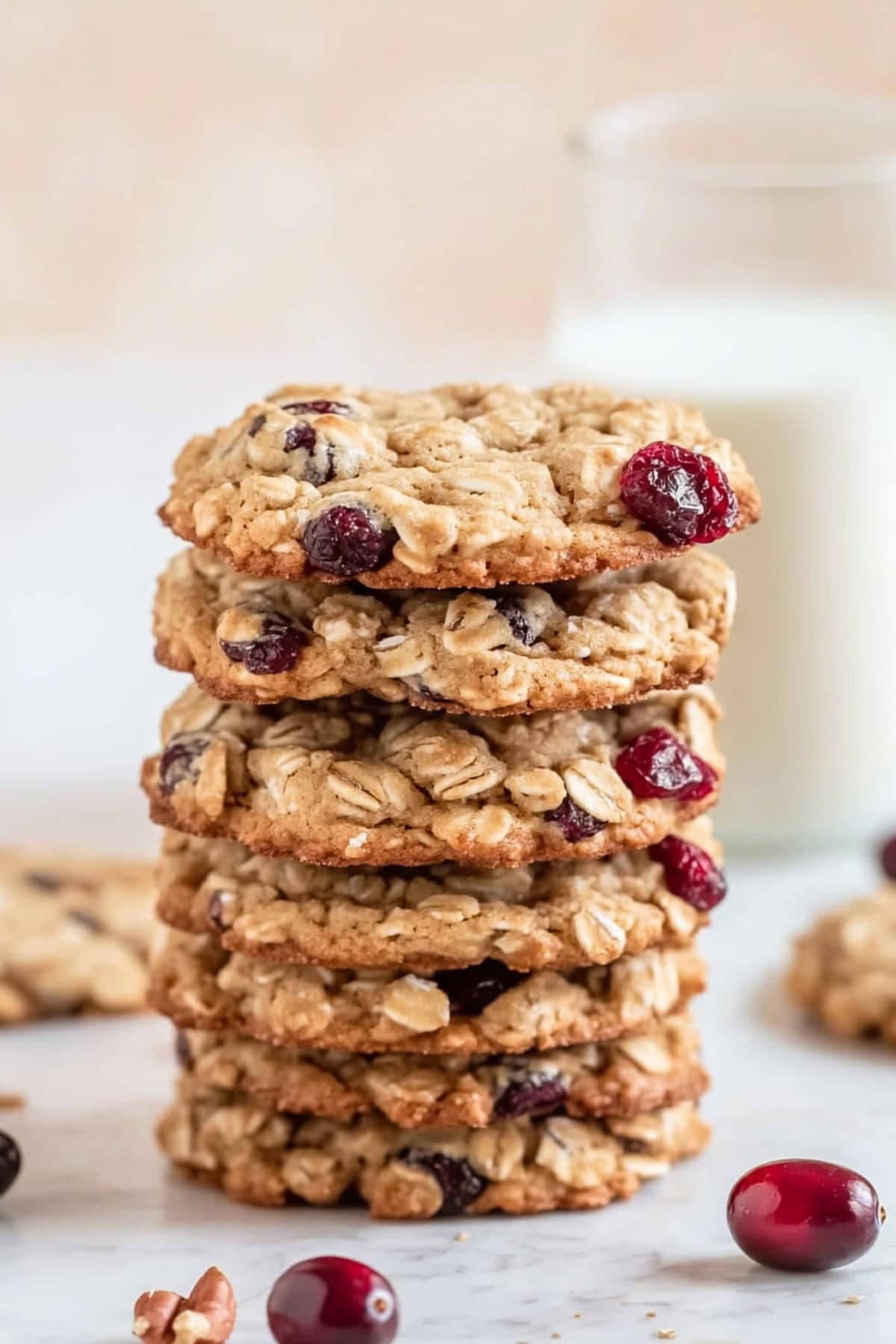 Chewy homemade cranberry oatmeal cookies, stacked on a table.