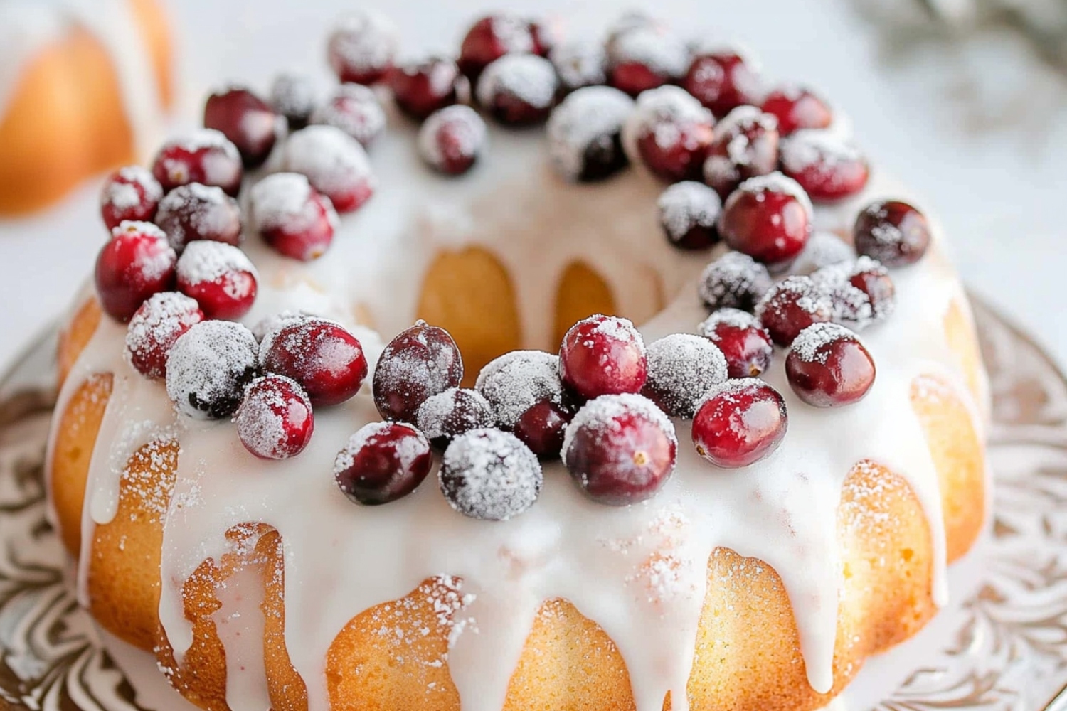 Homemade glazed cranberry orange bundt cake with glaze and fruit toppings.