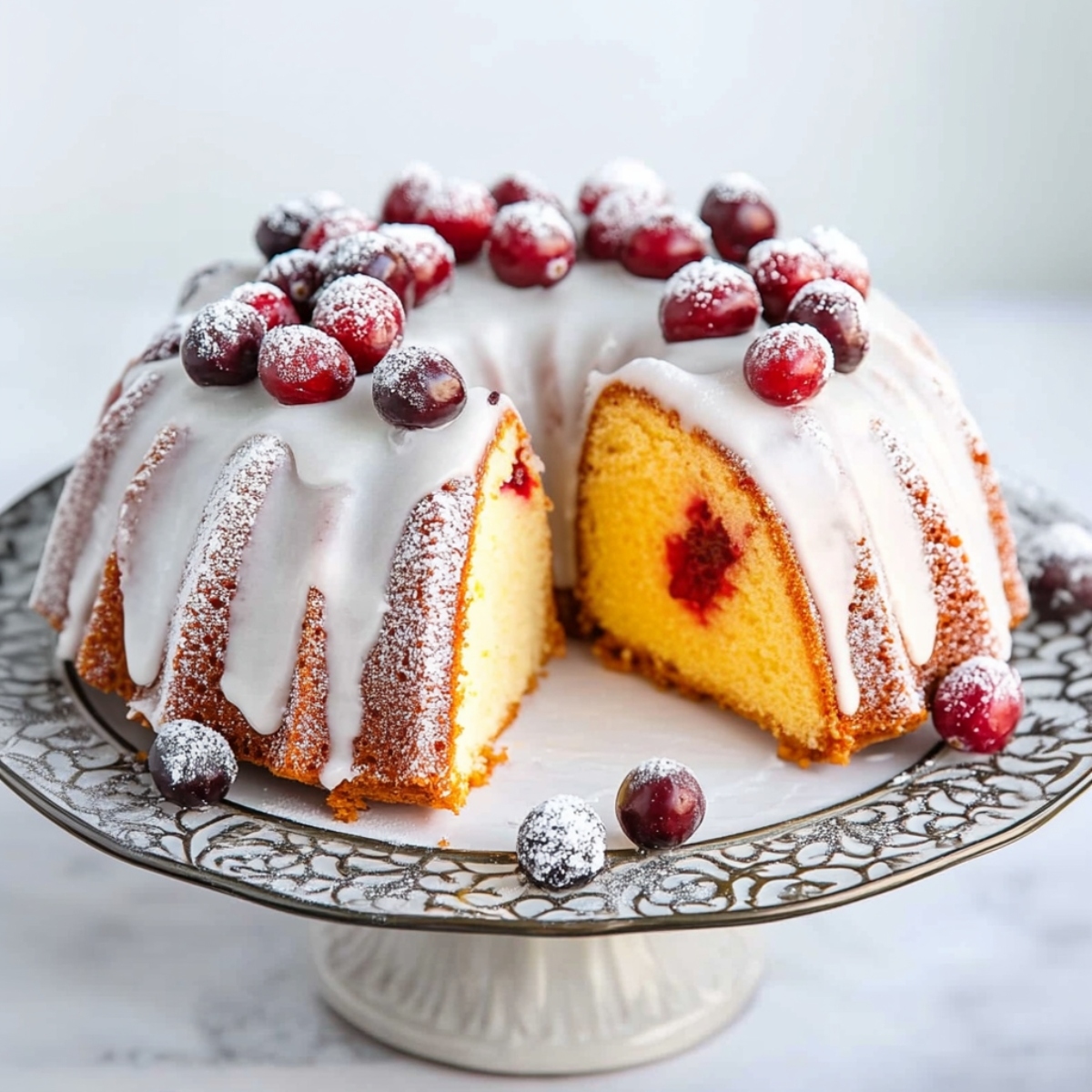 A kitchen stand of cranberry orange bundt cake with glaze and powdered sugar.