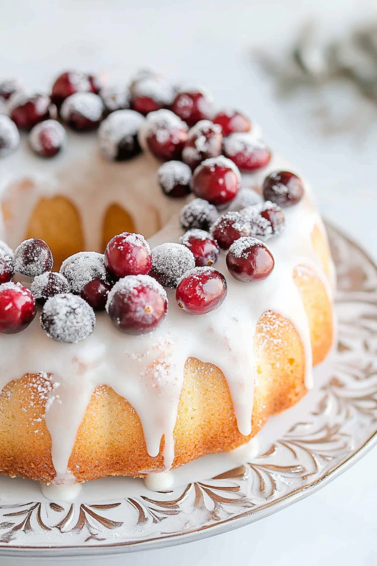  A beautifully glazed cranberry orange bundt cake in an elegant plate on a white marble table.