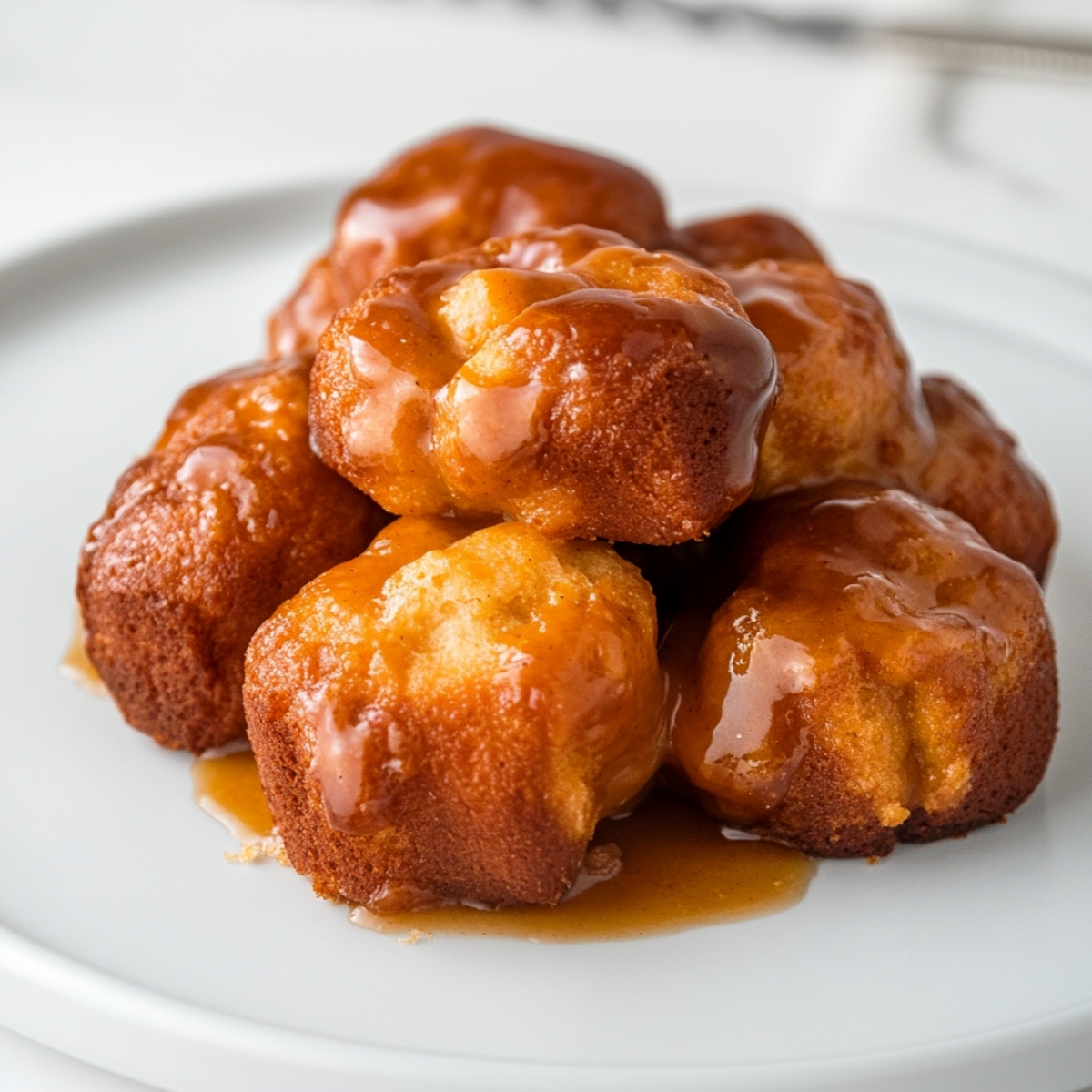 Serving of biscuit chunks with brown sugar syrup served on a white plate.