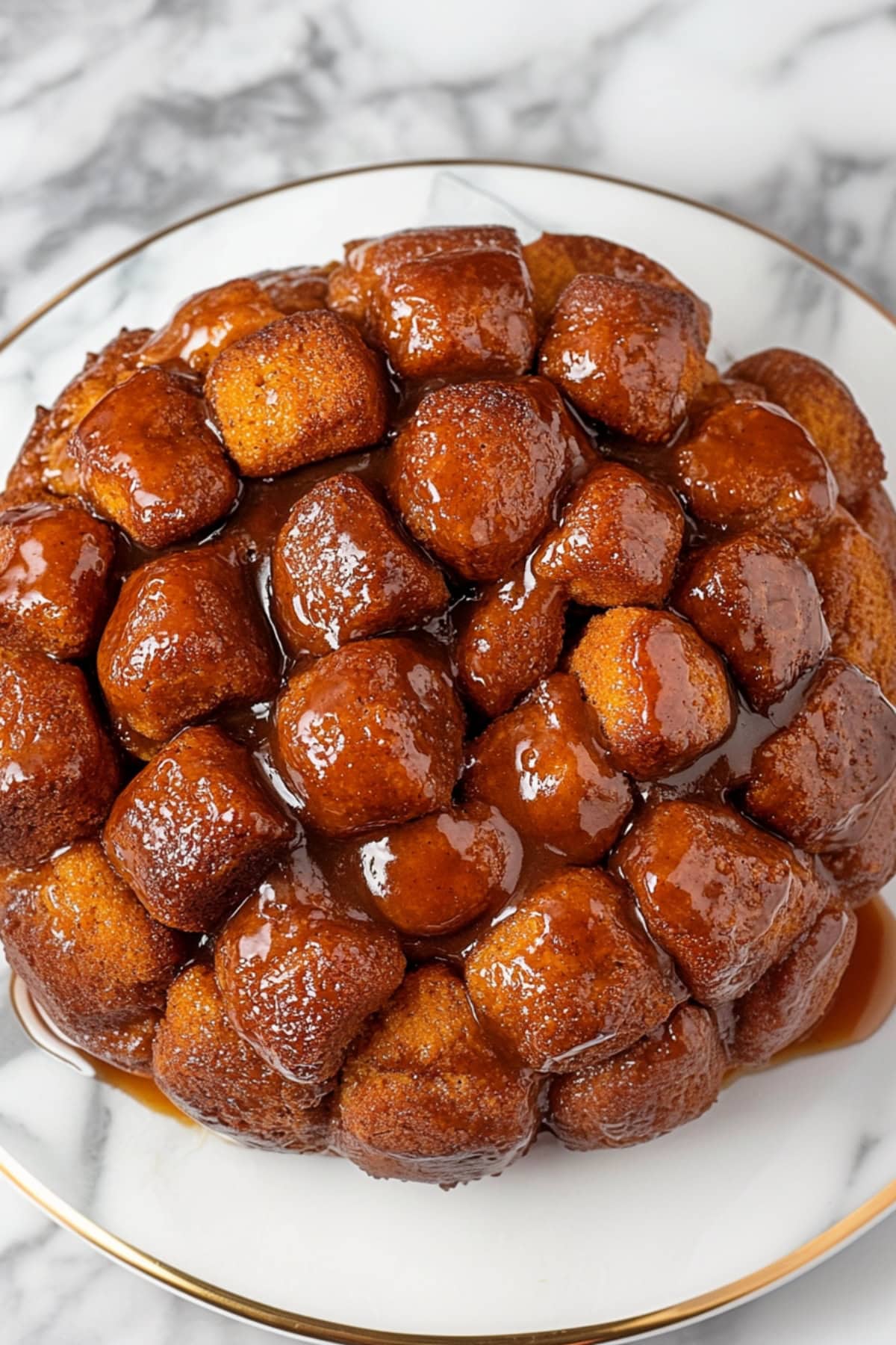 Crockpot monkey bread in syrupy cinnamon sugar on a plate, top view