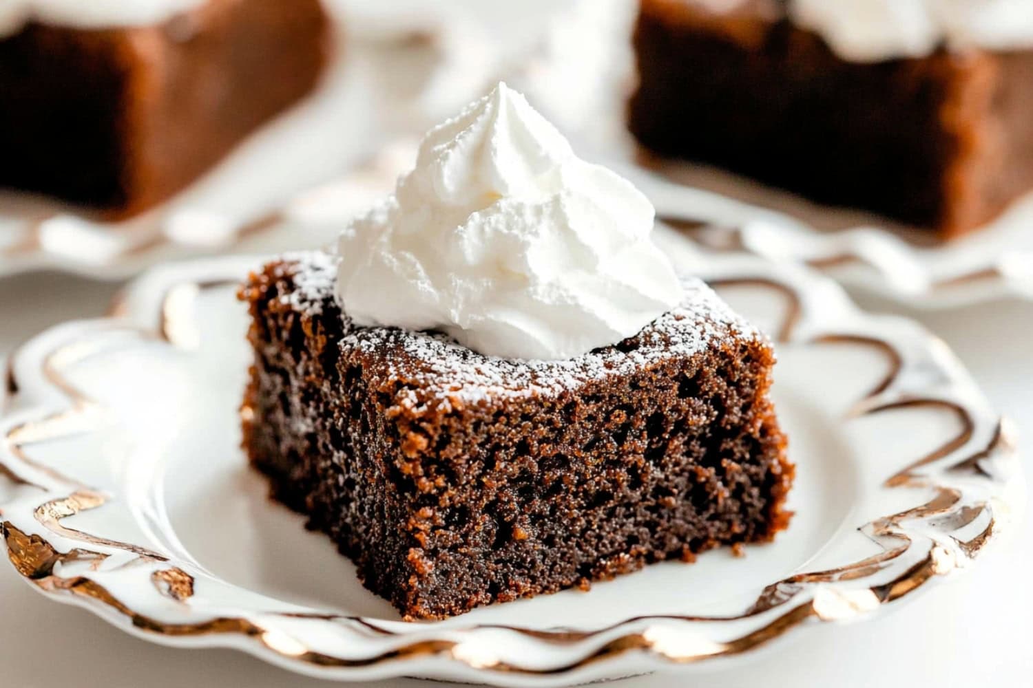 A close-up of a gingerbread cake slice with whipped cream and powdered sugar topping in an elegant plate.