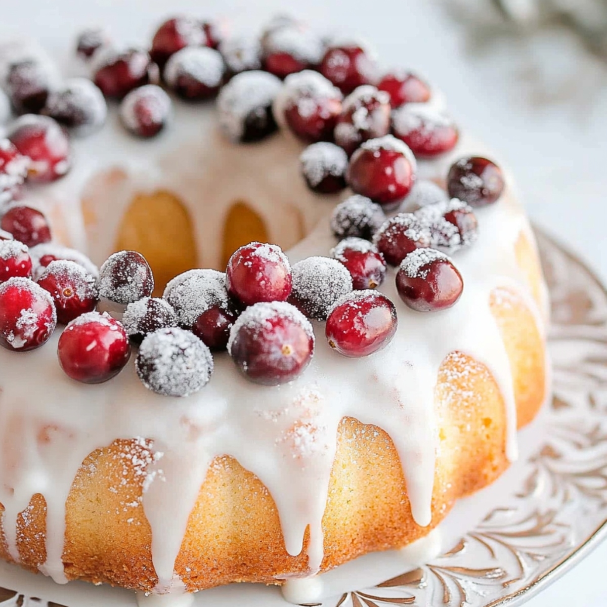 Glazed cranberry oraange bundt cake with glaze in an elegant plate.