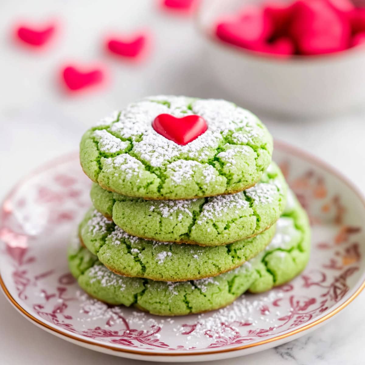 Grinch inspired cookies stacked on top of each other in a plate. 