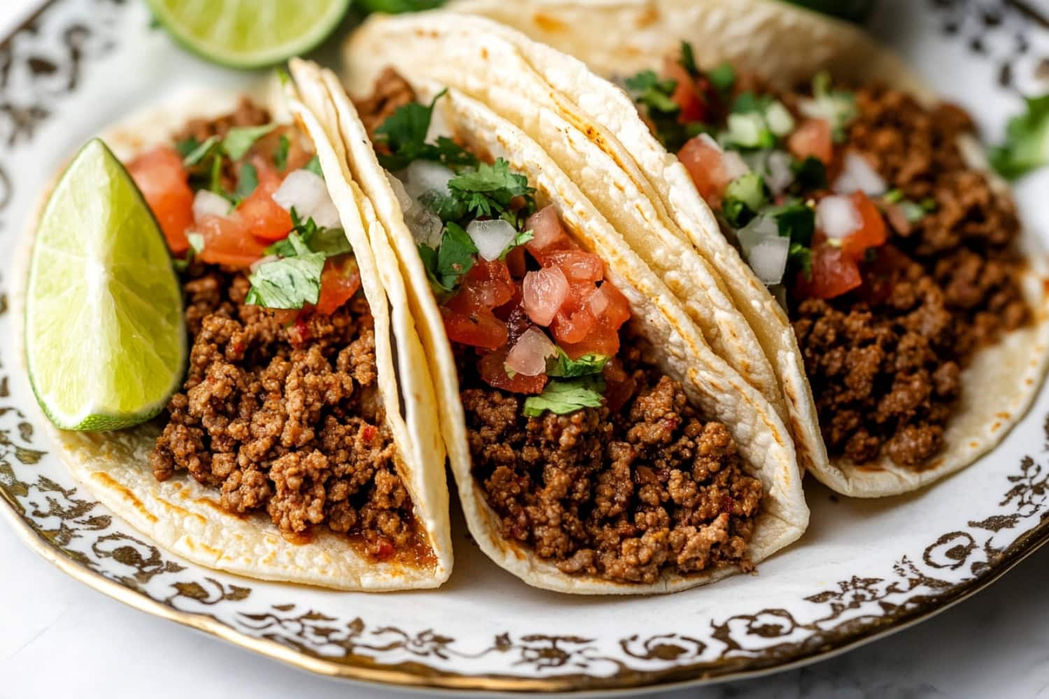 Ground beef tacos served in a tortilla with pico de gallo and sliced lime garnished served in a plate.